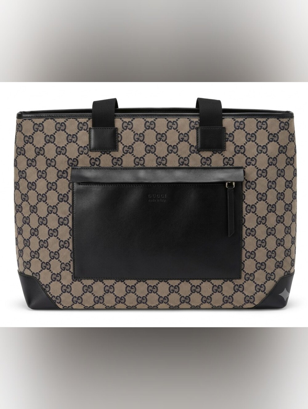 Gucci Beige Monogram Canvas Tote with Black Leather Pocket